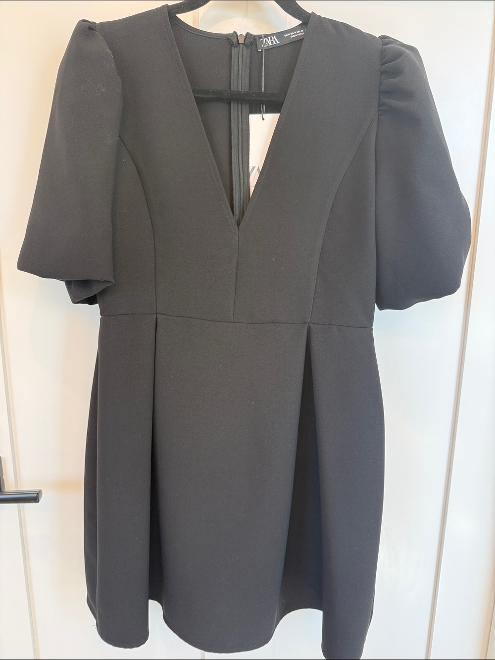 Zara Black V-Neck Puff Sleeve Mini Dress